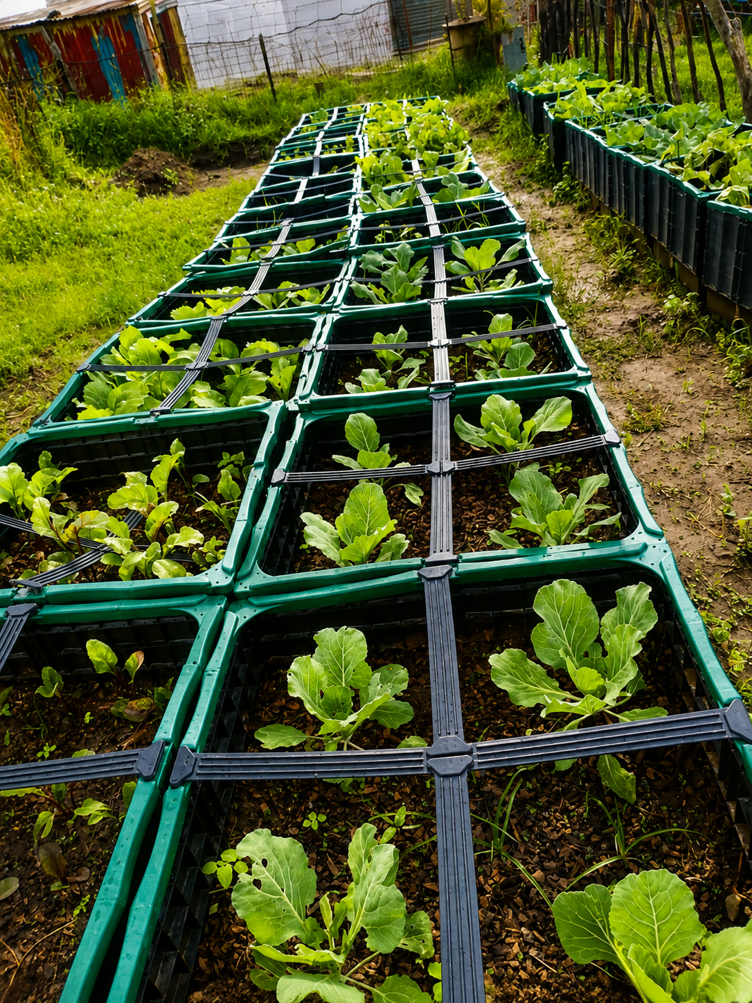 Rows of vegetable crates in the Malibongwe community vegetable garden