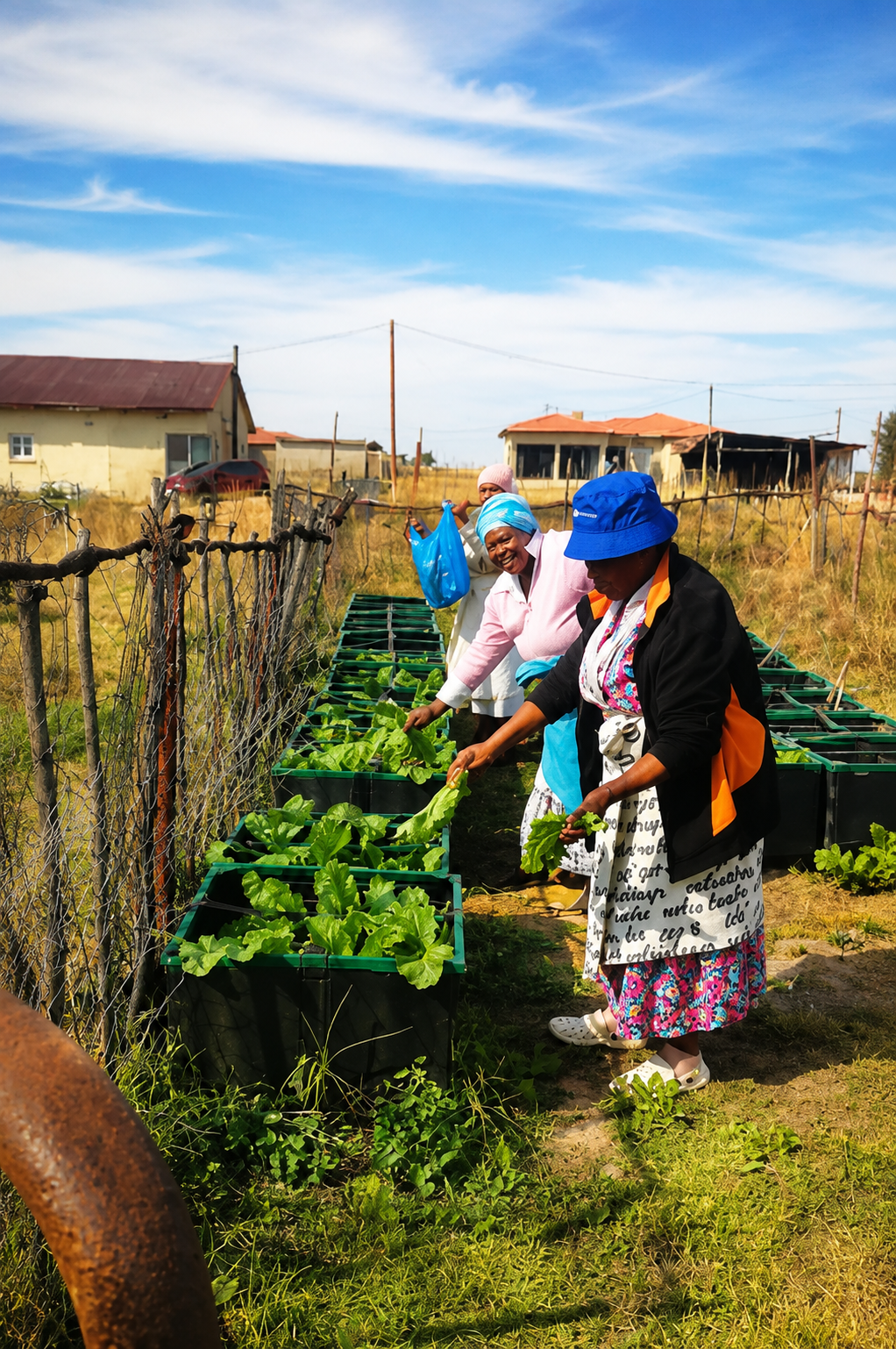 Members harvesting leafy greens together in the community garden